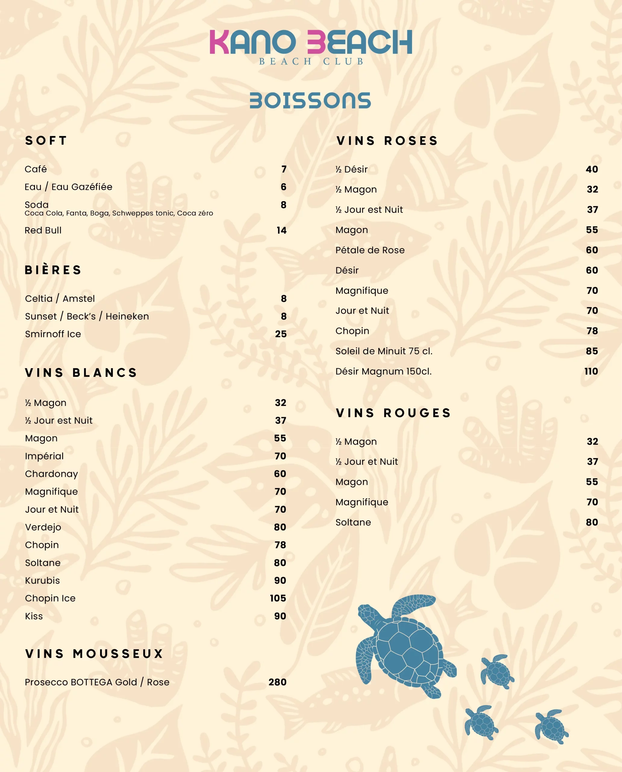 Menu Boissons Kano Beach