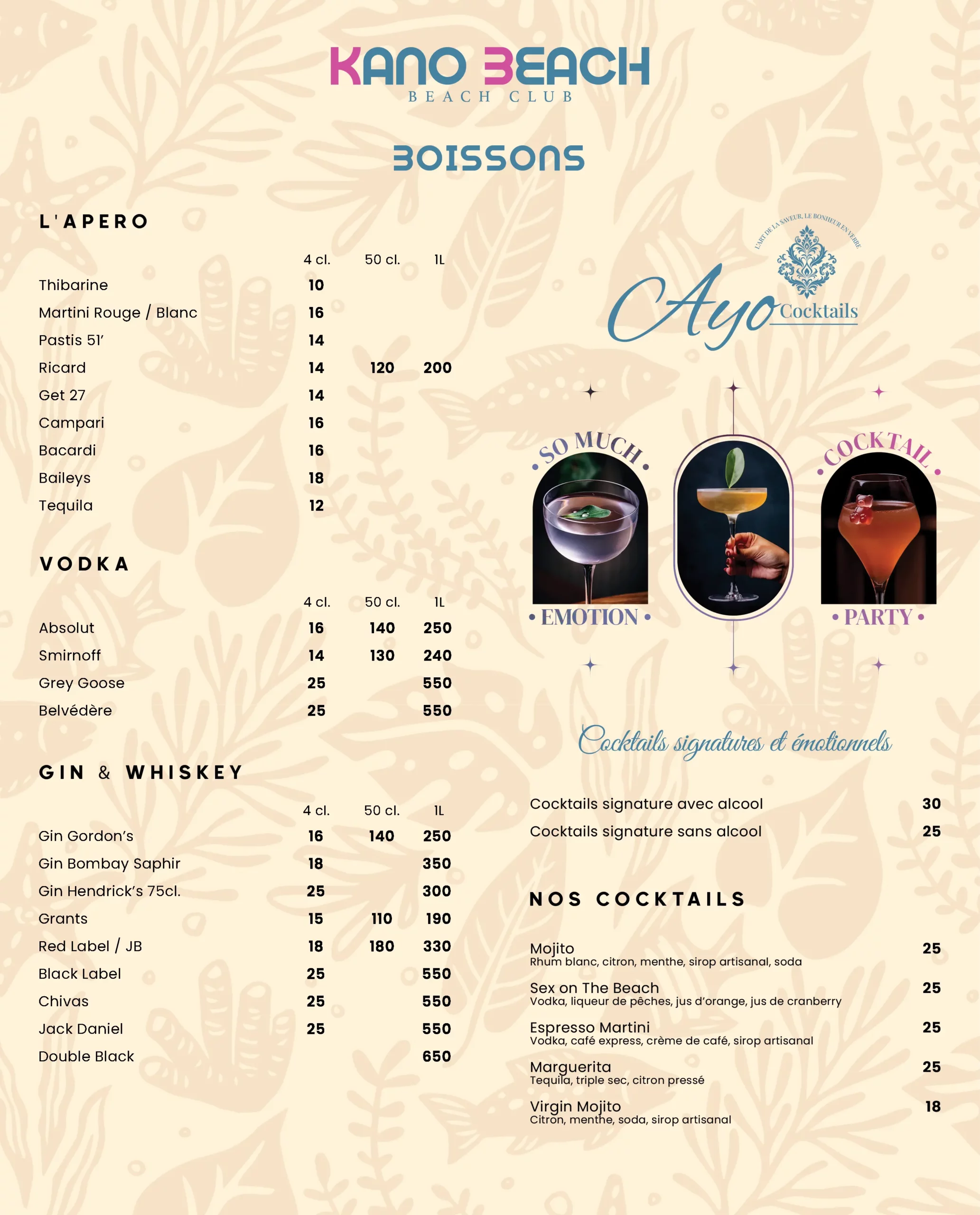 Menu Cocktails Kano Beach