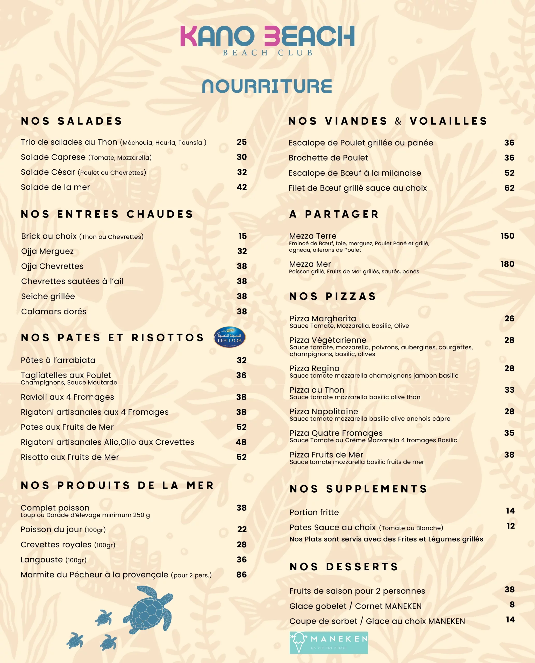 Menu Nourriture Kano Beach